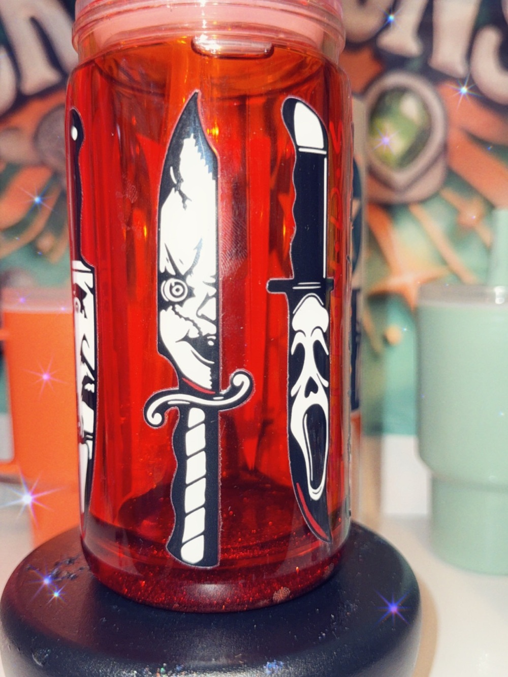 Red Glitter Decorative Knife Horror “Friends” Acrylic Snow Globe Tumbler